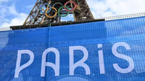 Olympic Logo Mark Eiffel Tower, in Paris, France.

