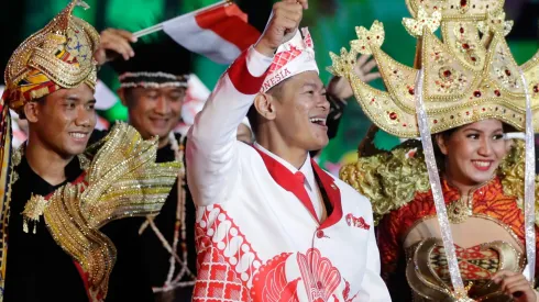 Members of the Indonesia Olympic Team take part in Opening Ceremony of the Rio 2016 Olympic Games at Maracana Stadium on August 5, 2016 in Rio de Janeiro, Brazil. 
