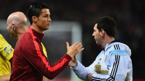 Cristiano Ronaldo of Portugal shakes hands with Lionel Messi of Argentina prior to the International Friendly between Argentina and Portugal