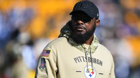 Head coach Mike Tomlin of the Pittsburgh Steelers looks on during warmups prior to the game against the Indianapolis Colts at Heinz Field on November 3, 2019 in Pittsburgh, Pennsylvania.
