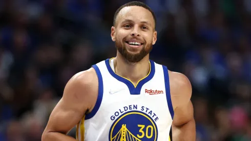 Stephen Curry #30 of the Golden State Warriors reacts to a play during the second quarter against the Dallas Mavericks in Game Three of the 2022 NBA Playoffs Western Conference Finals at American Airlines Center.
