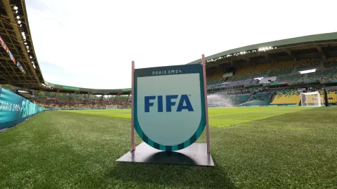 General view inside the stadium as a sign with the FIFA logo can be seen prior to the Women's group C match between Spain and Japan
