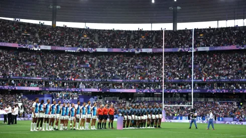 The players of Team France and Team Fiji line up for their the national anthem ahead of the Men’s Rugby Sevens Gold Medal match between Team Fiji and Team France
