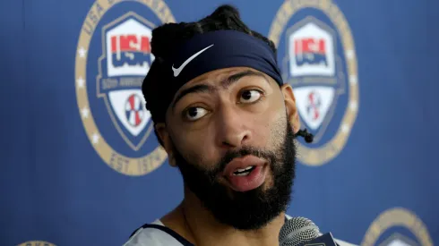 Anthony Davis #14 of the 2024 USA Basketball Men's National Team talks to members of the media after a practice session
