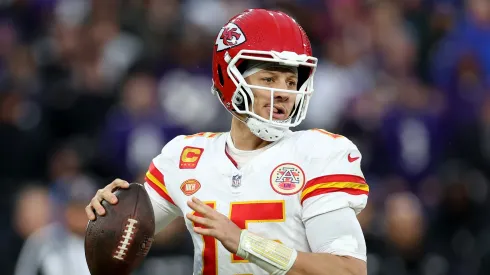 Patrick Mahomes #15 of the Kansas City Chiefs looks to pass against the Baltimore Ravens during the second quarter in the AFC Championship Game at M&T Bank Stadium on January 28, 2024 in Baltimore, Maryland.
