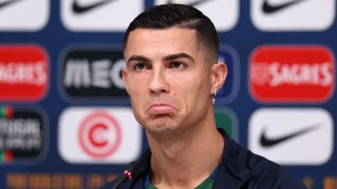 Cristiano Ronaldo of Portugal reacts during the Portugal Press Conference on November 21, 2022 in Doha, Qatar.

