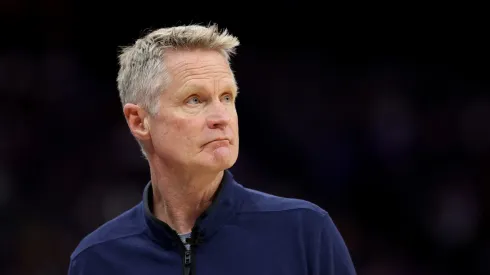 Golden State Warriors head coach Steve Kerr stands on the side of the court during Game Five of the Western Conference First Round Playoffs against the Sacramento Kings at Golden 1 Center on April 26, 2023 in Sacramento, California.
