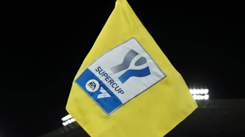 A detailed view of the corner flag prior to the Italian EA Sports FC Supercup Semifinal match between FC Internazionale and SS Lazioat Al-Awwal Stadium on January 19, 2024 in Riyadh, Saudi Arabia.

