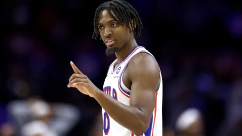 Tyrese Maxey #0 of the Philadelphia 76ers reacts during the fourth quarter against the Indiana Pacers at the Wells Fargo Center on November 12, 2023 in Philadelphia, Pennsylvania. 
