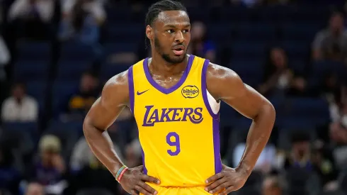 Bronny James Jr. #9 of the Los Angeles Lakers looks on against the Sacramento Kings during the first half of the 2024 California Classic summer league game at Chase Center on July 06, 2024 in San Francisco, California.
