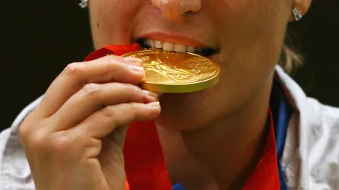 Gold medalist Chiara Cainero of Italy celebrates after winning the Women's Skeet Final at the Shooting Range CTF during Day 6 of the Beijing 2008 Olympic Games on August 14, 2008 in Beijing, China.
