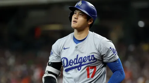 Shohei Ohtani #17 of the Los Angeles Dodgers reacts after striking out in the third inning against the Houston Astros at Minute Maid Park on July 28, 2024 in Houston, Texas. 
