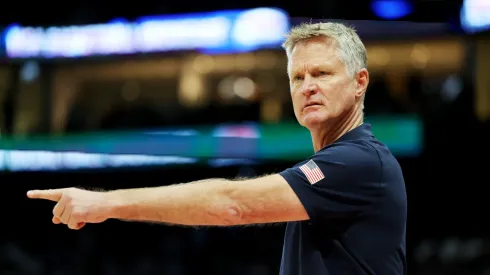 USA head coach Steve Kerr gestures during the second half of an exhibition game between the United States and Australia ahead of the Paris Olympic Games at Etihad Arena on July 15, 2024 in Abu Dhabi, United Arab Emirates. 
