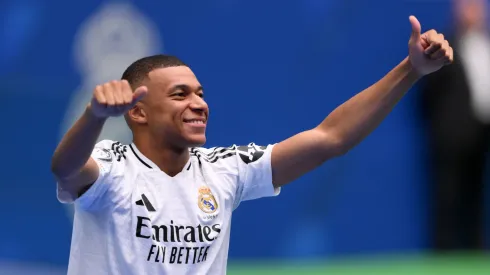 Real Madrid new signing, Kylian Mbappe is unveiled at Estadio Santiago Bernabeu on July 16, 2024 in Madrid, Spain. 
