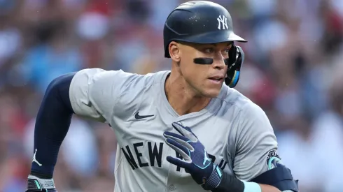 Aaron Judge #99 of the New York Yankees singles against the Philadelphia Phillies in the third inning at Citizens Bank Park on July 30, 2024 in Philadelphia, Pennsylvania. 
