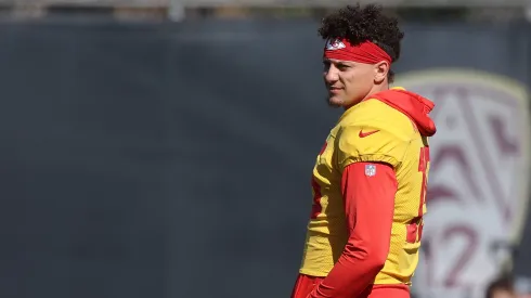 Patrick Mahomes #15 of the Kansas City Chiefs participates in practice prior to Super Bowl LVII at Arizona State University on February 08, 2023 in Tempe, Arizona. The Kansas City Chiefs play the Philadelphia Eagles in Super Bowl LVII on February 12, 2023 at State Farm Stadium.