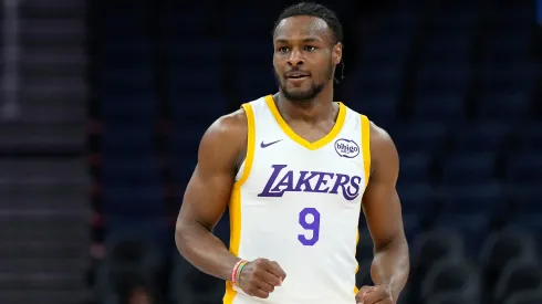 Bronny James Jr. #9 of the Los Angeles Lakers reacts after a teammate scored and was fouled on the shot against the Miami Heat during the second half of the 2024 California Classic.
