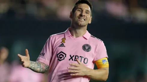 Lionel Messi #10 of Inter Miami reacts during the first half during a match between Toronto FC and Inter Miami CF at DRV PNK Stadium on September 20, 2023 in Fort Lauderdale, Florida.