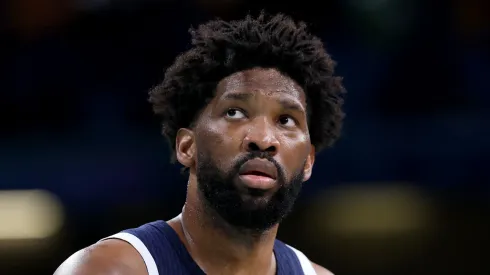 Joel Embiid #11 of Team United States looks on during a Men's basketball group phase-group C game between the United States and Puerto Rico on day eight of the Olympic Games Paris 2024 at Stade Pierre Mauroy on August 03, 2024 in Lille, France.
