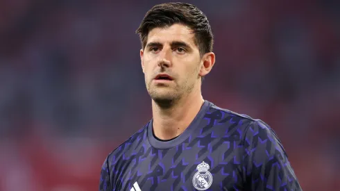 Thibaut Courtois of Real Madrid looks on during the warm up prior to the UEFA Champions League semi-final first leg match between FC Bayern München and Real Madrid.
