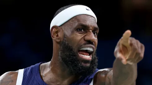 LeBron James #6 of Team United States reacts during a Men's basketball group phase-group C game between the United States and Puerto Rico on day eight of the Olympic Games Paris 2024 at Stade Pierre Mauroy on August 03, 2024 in Lille, France.
