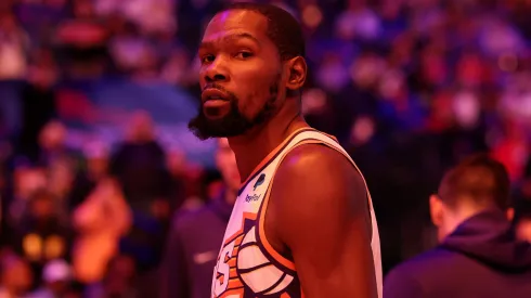 Kevin Durant #35 of the Phoenix Suns looks on before playing against the Philadelphia 76ers at the Wells Fargo Center on November 04, 2023 in Philadelphia, Pennsylvania.
