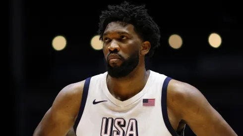 Joel Embiid of The United States looks on during the 2024 USA Basketball Showcase match between USA and Germany.
