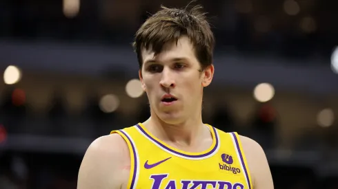  Austin Reaves #15 of the Los Angeles Lakers waits for a free throw during a game against the Milwaukee Bucks.
