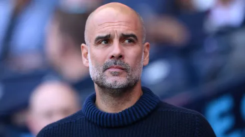 Pep Guardiola, Manager of Manchester City, looks on prior to the Premier League match between Manchester City and West Ham United. 
