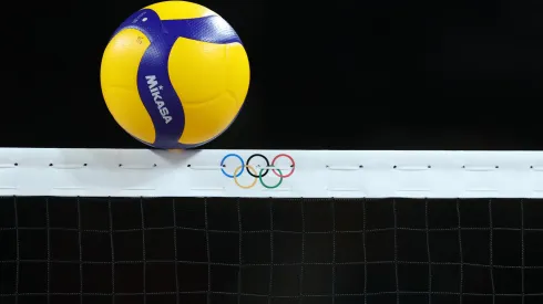 A detailed view as a volleyball crosses the net during a Men's Quarterfinal match between Team Germany and Team France.