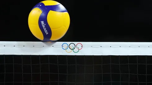 A detailed view as a volleyball crosses the net during a Men's Quarterfinal match between Team Germany and Team France.
