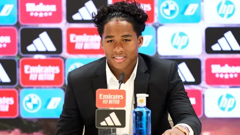 Real Madrid new signing, Endrick Felipe speaks to the media during a press conference as he is unveiled at Estadio Santiago Bernabeu on July 27, 2024 in Madrid, Spain. 
