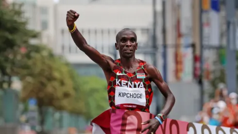 Eliud Kipchoge of Team Kenya crosses the finish line during the Men's Marathon Final on day sixteen of the Tokyo 2020 Olympic Games at Sapporo Odori Park on August 08, 2021 in Sapporo, Japan.