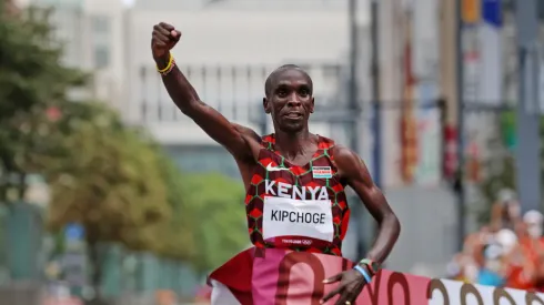 Eliud Kipchoge of Team Kenya crosses the finish line during the Men's Marathon Final on day sixteen of the Tokyo 2020 Olympic Games at Sapporo Odori Park on August 08, 2021 in Sapporo, Japan.
