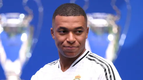 Real Madrid new signing, Kylian Mbappe is unveiled at Estadio Santiago Bernabeu on July 16, 2024 in Madrid, Spain.
