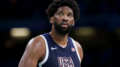 Joel Embiid #11 of Team United States looks on during a Men's basketball group phase-group C game between the United States and Puerto Rico on day eight of the Olympic Games Paris 2024.
