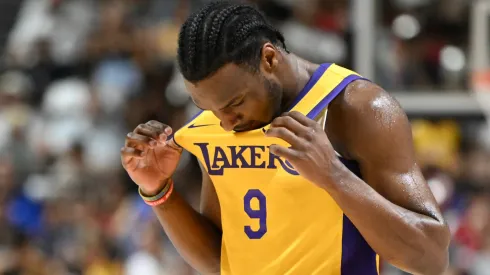 Bronny James Jr. #9 of the Los Angeles Lakers looks on during the second half of a 2024 NBA Summer League game against the Houston Rockets at the Thomas & Mack Center on July 12, 2024 in Las Vegas, Nevada. The Rockets defeated the Lakers 99-80.
