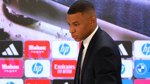 Real Madrid new signing, Kylian Mbappe looks on after a press conference as he is unveiled at Estadio Santiago Bernabeu on July 16, 2024 in Madrid, Spain.
