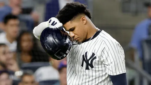 Juan Soto #22 of the New York Yankees reacts during his at-bat in the seventh inning against the New York Mets at Yankee Stadium on July 23, 2024 in New York City.
