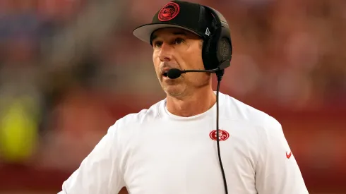 Head coach Kyle Shanahan of the San Francisco 49ers looks on during the third quarter against the Detroit Lions in the NFC Championship Game at Levi's Stadium on January 28, 2024 in Santa Clara, California.
