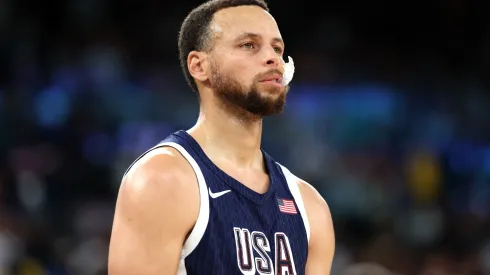 Stephen Curry #4 of Team United States looks on during a Men's basketball quarterfinal game between Team United States and Team Brazil on day eleven of the Olympic Games Paris 2024 at Bercy Arena on August 06, 2024 in Paris, France.
