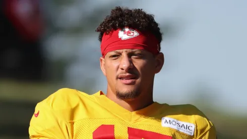  Kansas City Chiefs quarterback Patrick Mahomes (15) walks to the field during training camp on August 2, 2024 at Missouri Western State University in St. Joseph, MO.
