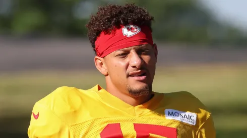 Kansas City Chiefs quarterback Patrick Mahomes (15) walks to the field during training camp on August 2, 2024 at Missouri Western State University in St. Joseph, MO.
