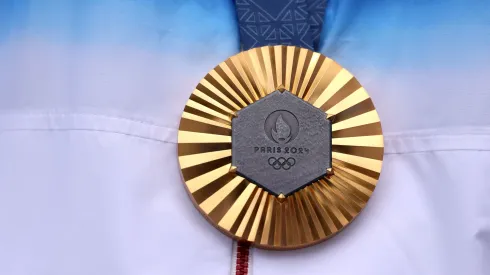 A detailed view of the gold medal of Sihyeon Lim of Team Republic of Korea, (obscured) on the podium after the Women’s Individual Archery competition on day eight of the Olympic Games Paris 2024 at Esplanade Des Invalides on August 03, 2024 in Paris, France.