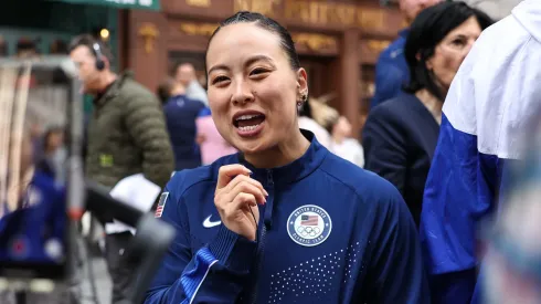 Breaker Sunny Choi speaks to the media at The TODAY Show at Rockefeller Plaza on April 17, 2024 in New York City.