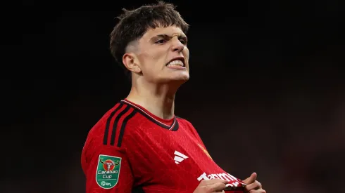 Alejandro Garnacho of Manchester United celebrates after scoring the team's first goal during the Carabao Cup Third Round match between Manchester United and Crystal Palace at Old Trafford on September 26, 2023 in Manchester, England.
