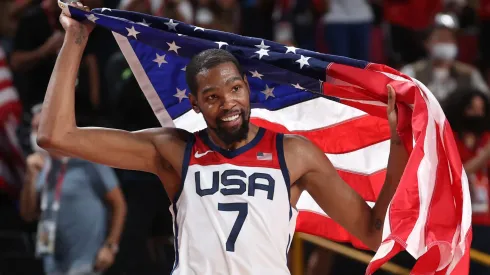 Kevin Durant #7 of Team United States celebrates the United States' victory over France in the Men's Basketball Finals game on day fifteen of the Tokyo 2020 Olympic Games.
