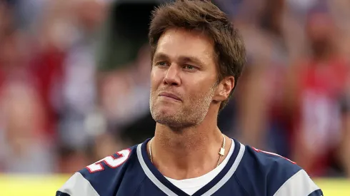 Former New England Patriots quarterback Tom Brady speaks during a ceremony honoring him at halftime of New England's game against the Philadelphia Eagles at Gillette Stadium on September 10, 2023 in Foxborough, Massachusetts.
