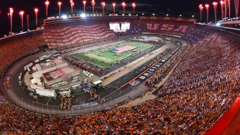 A general view of Bristol Motor Speedway during the national anthem of the game between the Virginia Tech Hokies and the Tennessee Volunteers on September 10, 2016 in Bristol, Tennessee.