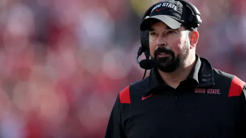 Head coach Ryan Day of the Ohio State Buckeyes on the sidelines during a 48-45 win over the Utah Utes at Rose Bowl on January 01, 2022 in Pasadena, California.
